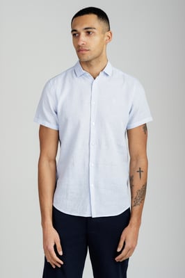 Light Blue Linen Blend Short Sleeve Button-Up Shirt