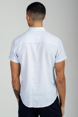 Light Blue Linen Blend Short Sleeve Button-Up Shirt