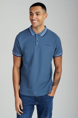 Mid Blue Regular Fit Cotton Button Polo Shirt With Contrast Trim