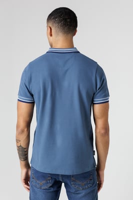 Mid Blue Regular Fit Cotton Button Polo Shirt With Contrast Trim