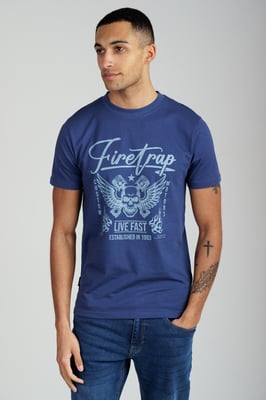 Dark Blue Regular Fit Cotton Graphic Crew T-Shirt