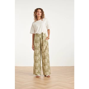 Smashed Lemon Wijde broek met groene palmprint en strikceintuur |