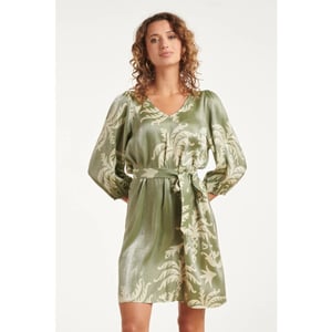 Smashed Lemon Olijfgroene jurk met palmprint en ceintuur |
