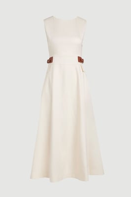 Tailored Linen Tab Waist Detail Full Skirt Midi Dress