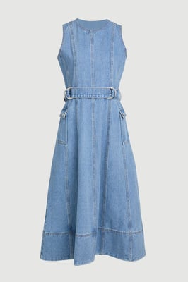 Denim Dropped Waist Full Skirted Midi Dress