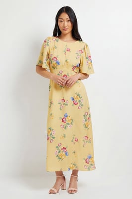 Petite Flutter Sleeve Shirred Waist Midi Dress
