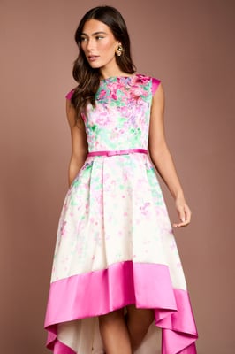 Twill Hi-Lo Floral Printed Midi Dress