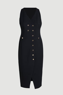 Plus Size Textured Compact Stretch V Neck Button Detail Midi Dress