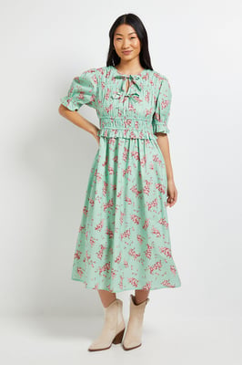 Petite Tie Front Frill Sleeve Printed Poplin Midi Dress