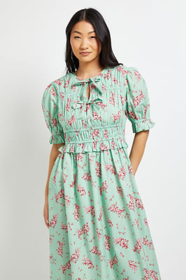 Petite Tie Front Frill Sleeve Printed Poplin Midi Dress