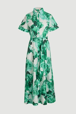 Petite Rose Print Cotton Sateen Floral Woven Belted Maxi Shirt Dress