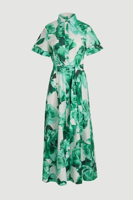 Rose Print Cotton Sateen Floral Woven Belted Maxi Shirt Dress