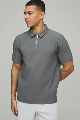 Regular Fit Pleated Short Sleeve Zip Neck Polo