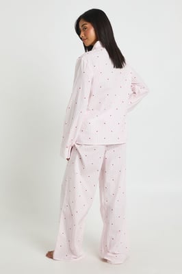 Petite Cotton Poplin Pinstripe Heart Print Long Sleeve Shirt & Trouser Pyjama Set