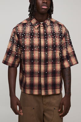 Boxy Jewel Rhinestone Half Sleeve Check Shirt