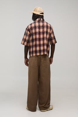 Boxy Jewel Rhinestone Half Sleeve Check Shirt