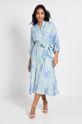 Petite Floral Lace Insert Collarless Shirt Dress