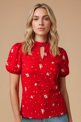 Red Ditsy Keyhole Neck With Puff Sleeve Blouse