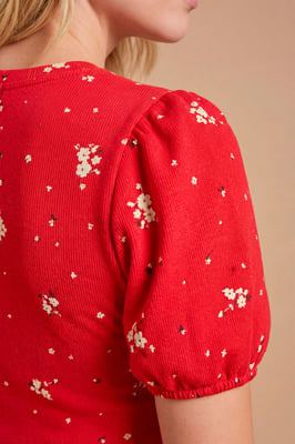 Red Ditsy Keyhole Neck With Puff Sleeve Blouse