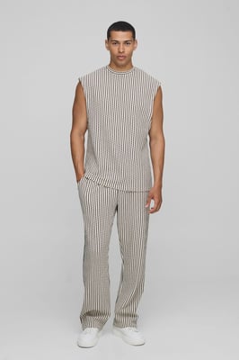 Regular Fit Drop Shoulder Jacquard Stripe Tank & Jogger Set