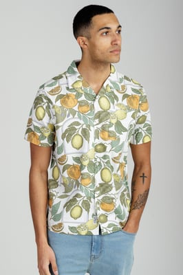 White Cotton Poplin Button-Up Shirt With Citrus Fruit Print