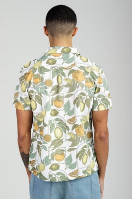 White Cotton Poplin Button-Up Shirt With Citrus Fruit Print