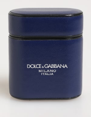 Dolce & Gabbana Blauwe Leren Logo Print Flip Houder Mannen Airpods Hoes