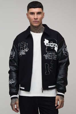 Tall Boxy Fit Melton & PU Mixed Fabric Applique Varsity Jacket