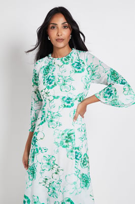 Petite Floral Neck Trim Ruffle Midi Dress