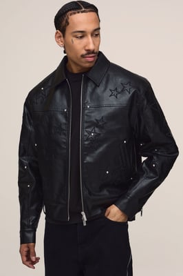 Boxy Fit PU Star Applique Harrington Jacket