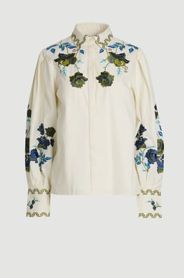 Rose Embroidered Cotton Twill Woven Blouse