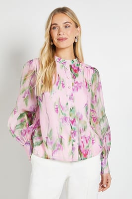 Petite Floral Organza Collarless Shirt