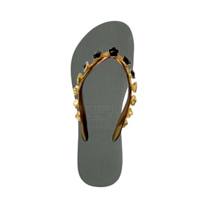 Zwarte bloemen teenslippers legergroen