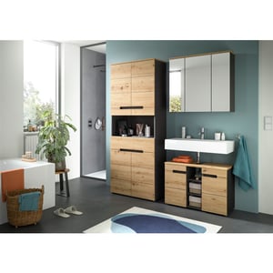 Furnilux Wastafelkast basalt grijs moderne badkamer opbergkast met houtlook 80x55x34