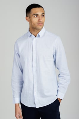Light Blue Linen Blend Long Sleeve Button-Up Shirt