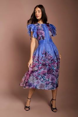 Lisa Tan Organza Ruffle Printed Midi Dress
