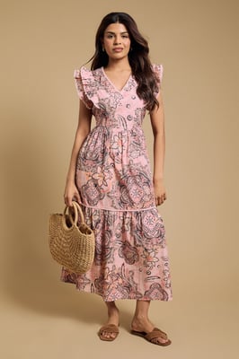 Petite Lace Trim V Neck Printed Poplin Midi Dress