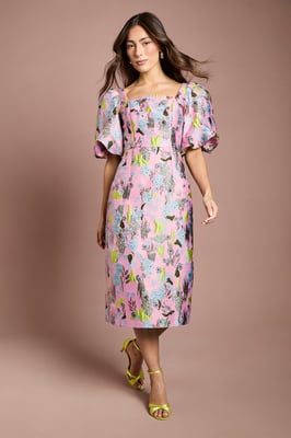 Jacquard Puff Sleeve Square Neck Pencil Dress