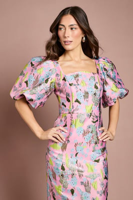 Jacquard Puff Sleeve Square Neck Pencil Dress