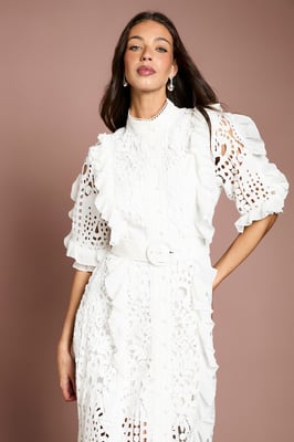 Lace Ruffle Shirt Dress With Tie