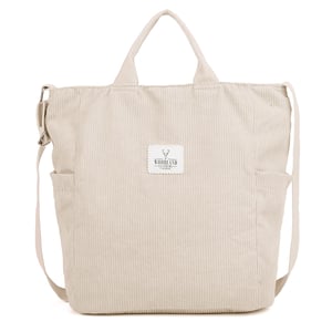 Women’s Corduroy Shoulder Bag, Large Capacity Travel Handbag in Beige
