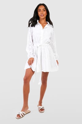 Petite Broderie Belted Skater Shirt Dress