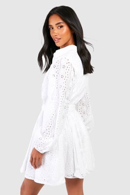 Petite Broderie Belted Skater Shirt Dress