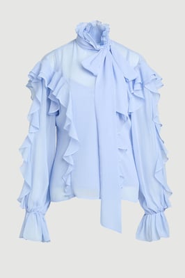 Ruffle Front Crinkle Georgette Pussy Bow Blouse