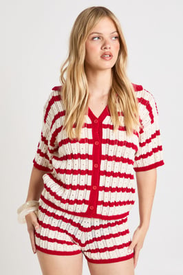 Petite Crochet Stripe Collared Shirt and Short Co-Ord