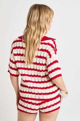 Petite Crochet Stripe Collared Shirt and Short Co-Ord