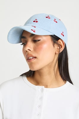 Embroidered Cherry Print Denim Cap