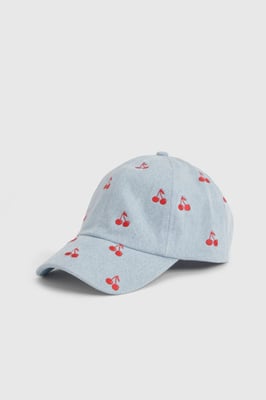 Embroidered Cherry Print Denim Cap