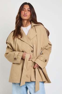 Oversized Collared Belted Short Trench Jacket