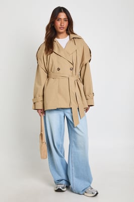 Oversized Collared Belted Short Trench Jacket